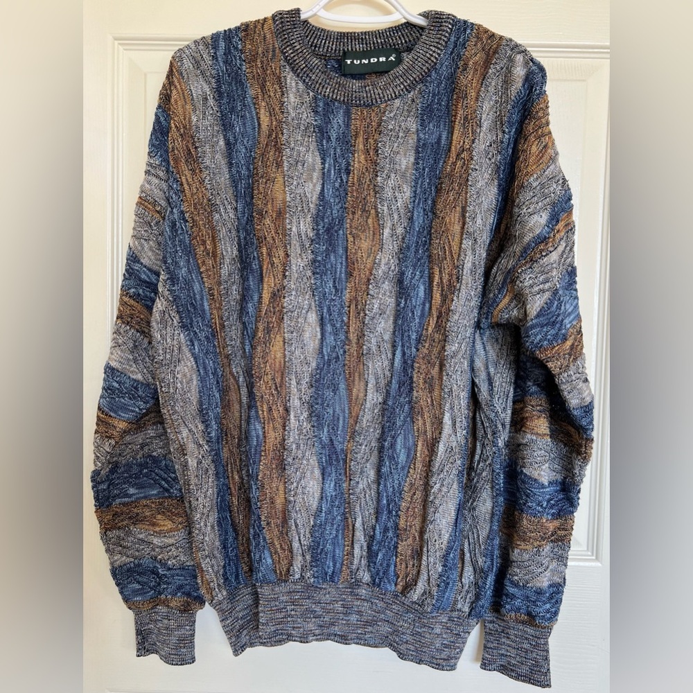 TUNDRA Canada 3D Knit Sweater Mens Large Coogi Style Textured Cotton Blue Brown